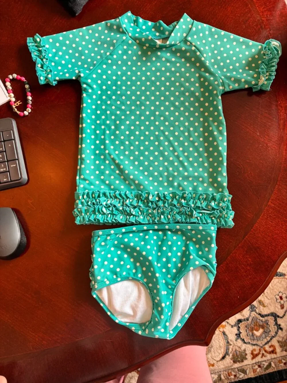 RuffleButts Girls Aqua Polka Dot Rash Guard 2PC Swimsuit Set Size 5 5T